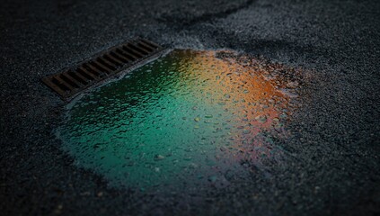 Obraz premium Petrol gasoline oil spill on road tarmac, environmental hazard, Earth Day