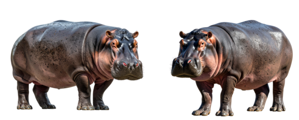 Alert Hippopotamus Standing Upright with Slight Head Tilt, Studio-Lit Animal Portrait, Transparent Background