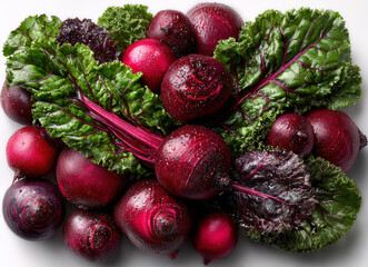 Vibrant Red Vegetables and Greens with Fresh Water Droplets