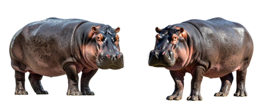 Alert Hippopotamus Standing Upright with Slight Head Tilt, Studio-Lit Animal Portrait, Transparent Background