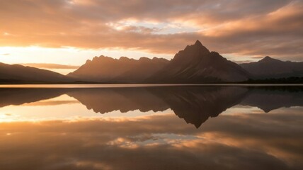 Stunning mountain range reflects in calm lake at sunset with golden light