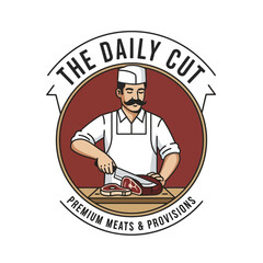 Vintage Butcher Logo with Man Cutting Meat for Premium Meats and Provisions.