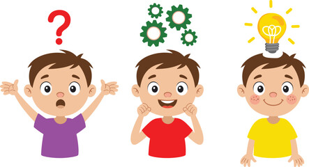 Cartoon boy expressing confusion thinking and idea stages with question mark gears and light bulb concept showing problem solving creativity illustration ©  Creative vectors