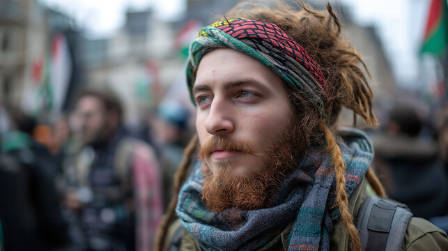A rebellious white boy with rasta, anarchist, and pro-Palestinian colors, embodying street activism