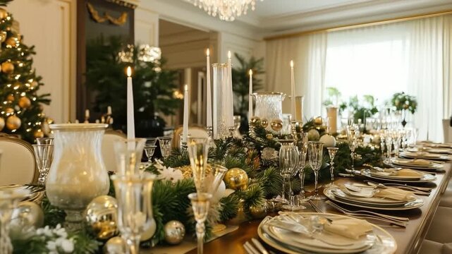 A beautifully set dining table for a festive occasion, adorned with golden ornaments, candles, and greenery, creating an elegant atmosphere