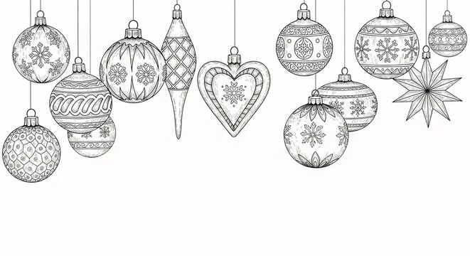 Naklejki Detailed black and white line art of hanging Christmas ornaments.