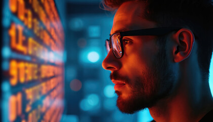 Man in glasses views futuristic display with glowing text. Programmer analyzes information on screen. Person works with digital data. He wears glasses, looks at code in abstract hi tech environment.