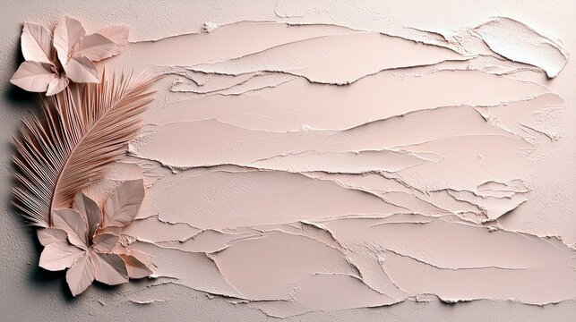 A textured background in soft pink hues features layered brushstrokes and is adorned with pale pink leaves and a palm frond.