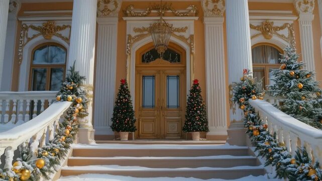 A beautifully decorated neoclassical house style entrance of a mansion during winter, featuring snow-covered steps, two Christmas trees adorned with ornaments, and festive garlands along the railing