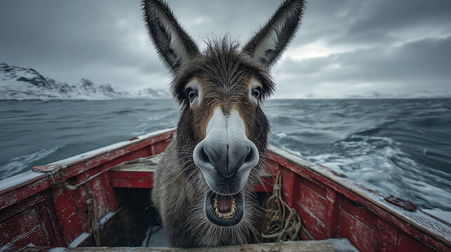 Realistic photo of donkey in fishing boat, making funny face, freezing cold