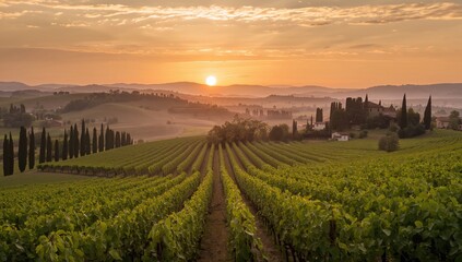 Obraz premium Vineyard during sunset, showcasing Sangiovese grape variety, highlighting seasonal change