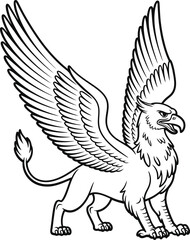 Majestic griffin mythical creature line art drawing black and white