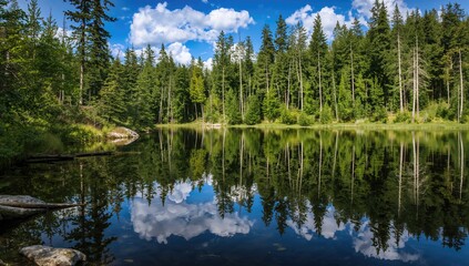 Obraz premium Forest trees reflected in clear water near a lake, observing seasonal change