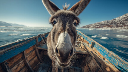 Realistic photo of donkey in fishing boat, making funny face, freezing cold