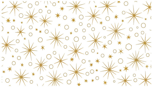 Whimsical hand drawn starbursts and abstract circles in gold and muted colors on a white background