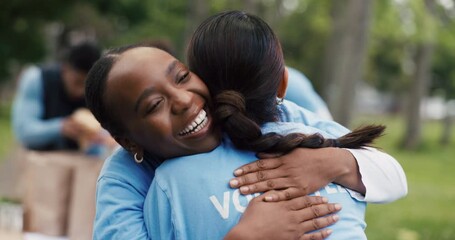 Hug, volunteer and women in park, smile and gratitude with nature, greeting and thank you. Outdoor, people and friends with embrace, community outreach project and unity with appreciation and charity