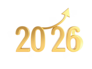 Golden 2026 year with upward arrow isolated on black background isolated on white background isolated on transparent background