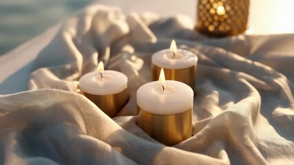 Several lit tealight candles in gold holders sit on soft draped fabric, casting a warm, cozy glow. - Powered by Adobe