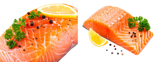 Fresh Raw Salmon Fillet with Lemon Slice and Herbs, Isolated on Transparent Background png