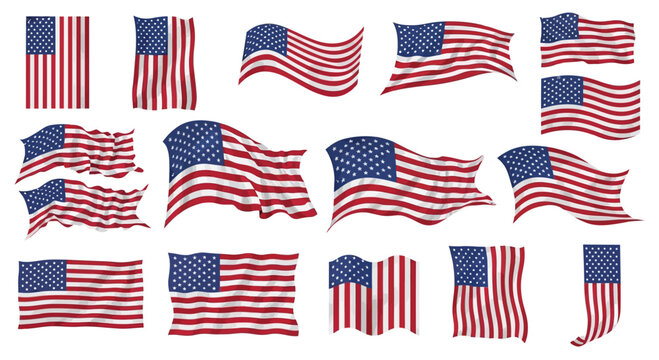 Collection of american flags waving and fluttering in various styles and poses