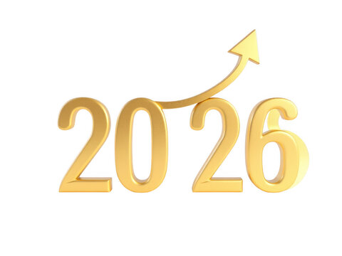 Golden 2026 year with upward arrow isolated on black background isolated on white background isolated on transparent background