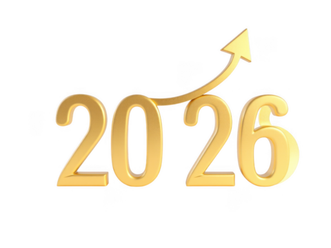 Golden 2026 year with upward arrow isolated on black background isolated on white background isolated on transparent background