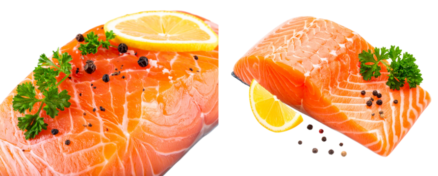 Fresh Raw Salmon Fillet with Lemon Slice and Herbs, Isolated on Transparent Background png