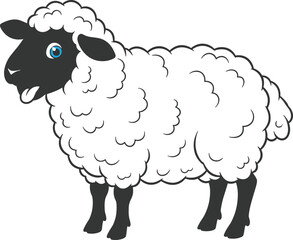 Cartoon sheep with fluffy white wool and black face, expressive animal illustration for kids, educational content, playful vector design