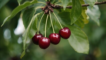 Obraz premium Fresh dark red cherries on the tree in the orchard, ripe prunus avium ready for harvest, health benefits of cherries