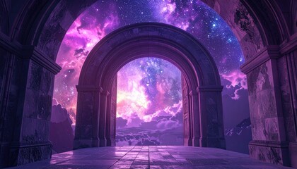 Ancient Stone Archway Opens To A Breathtaking Cosmic Nebula Sky With Vibrant Purple And Pink Hues Underneath A Starry Expanse