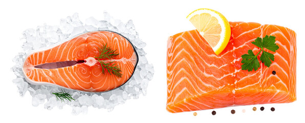 Fresh Raw Salmon Fillet with Lemon Slice and Herbs, Isolated on Transparent.