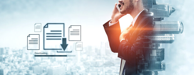 Visual representation of digital document downloading, showing file transfer, data access, and progress status for secure and efficient information retrieval Vouch