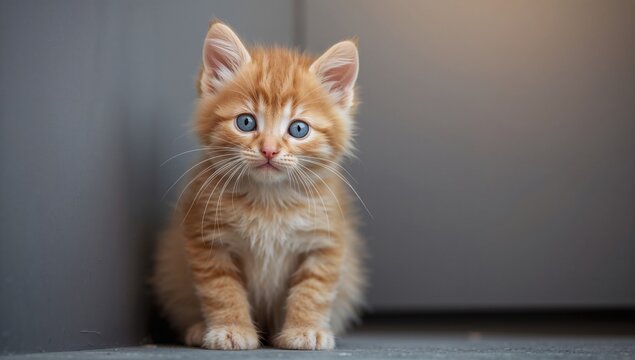 Small adorable ginger kitten with blue eyes and gray fur, indoor setting, focus on companionship - Powered by Adobe