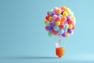 3D-rendered lightbulb base supports a cluster of colorful balloons, against a blue background