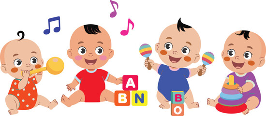 Cute cartoon illustration of four happy babies playing with colorful musical toys and blocks, creating fun cheerful infant nursery activity scene