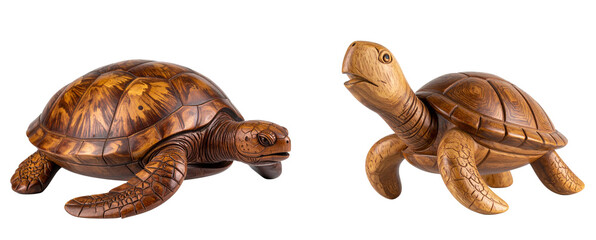 Hand-Carved Wooden Sea Turtle Sculpture with Smooth Polished Finish, Side View, Transparent Background