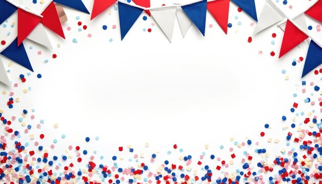 Red white, blue bunting flags, scattered confetti create festive border on white background. Perfect for national holidays, party invitations, or summer event decorations with patriotic color scheme.