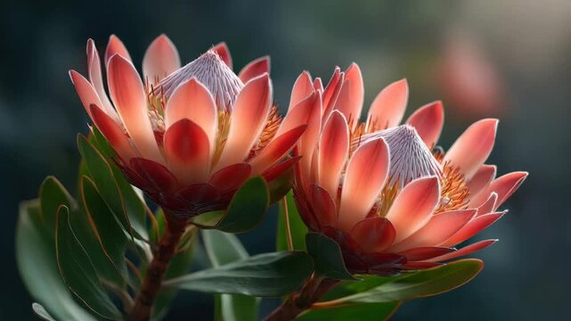 Two vibrant protea flowers, soft coral petals with a grayish center, green leaves, on a dark background