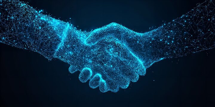 Digital handshake illustration symbolizes partnership and agreement in a modern connected world of technology and business solutions