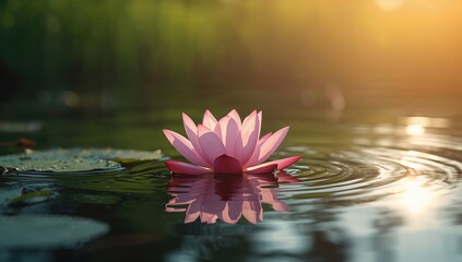 Pink lotus flower floating on water's surface, illuminated by sunlight, symbolizing tranquility