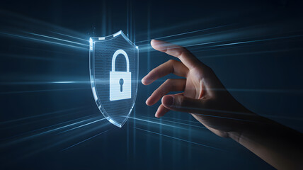 Cybersecurity protection concept with glowing shield and padlock, hand reaching for security, representing safety, privacy, and digital protection