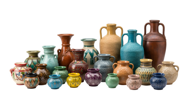 Extensive collection of decorative vases and pots on transparent background