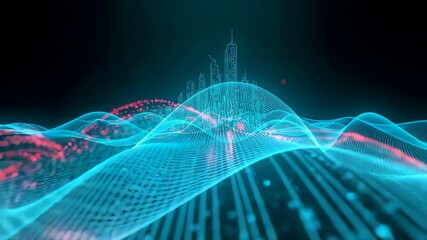Glowing Digital Cityscape Rising from Flowing Blue Data Waves and Particle Streams  - Powered by Adobe