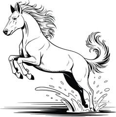 Majestic horse leaping through water with flowing mane and tail