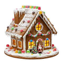 Festive gingerbread house Christmas holiday decoration, sweet candy treat expressing joyful, whimsical feeling