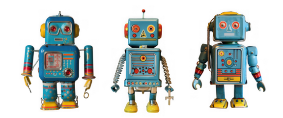 Three vintage blue tin robots standing on a transparent background
