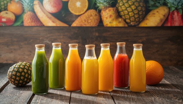 Various freshly squeezed fruit and vegetable juices, fiber-dense choice