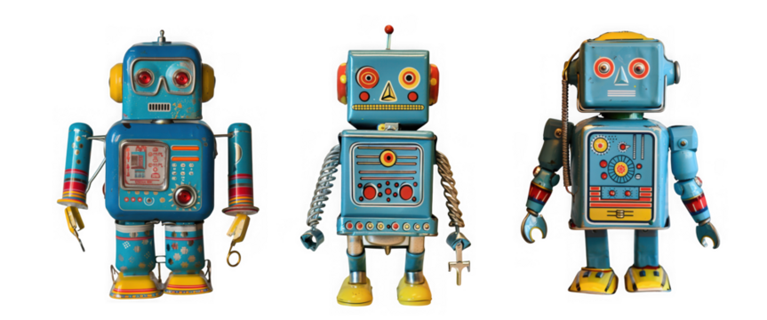 Three vintage blue tin robots standing on a transparent background