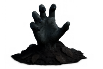 Zombie hand emerging from grave, reaching up from the ground, undead creature rising for a scary halloween concept