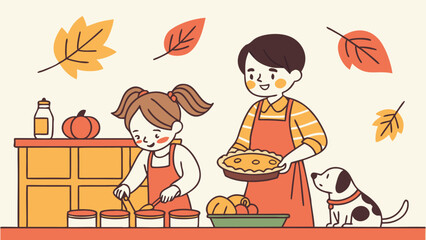 A parent and child wearing aprons, baking and preparing food together with a dog nearby, surrounded by autumn leaves.